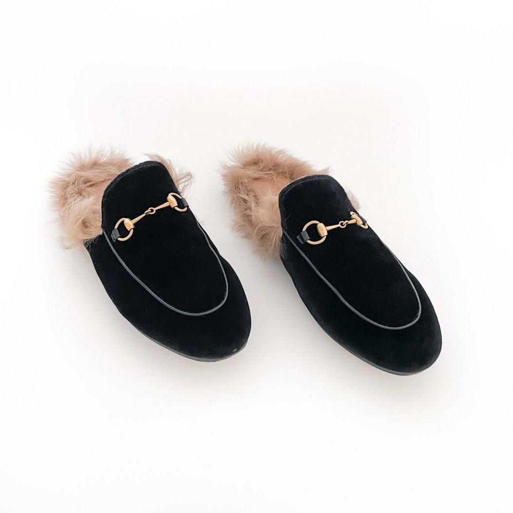 Gucci Princetown Fur Slipper EU 40 US 10 Black Velvet Horsebit Mule Loafer Flat - Picture 1 of 11